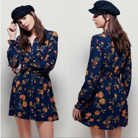 Free People Ruthie Printed Mini Dress Blue Floral boho - Picture 1 of 10